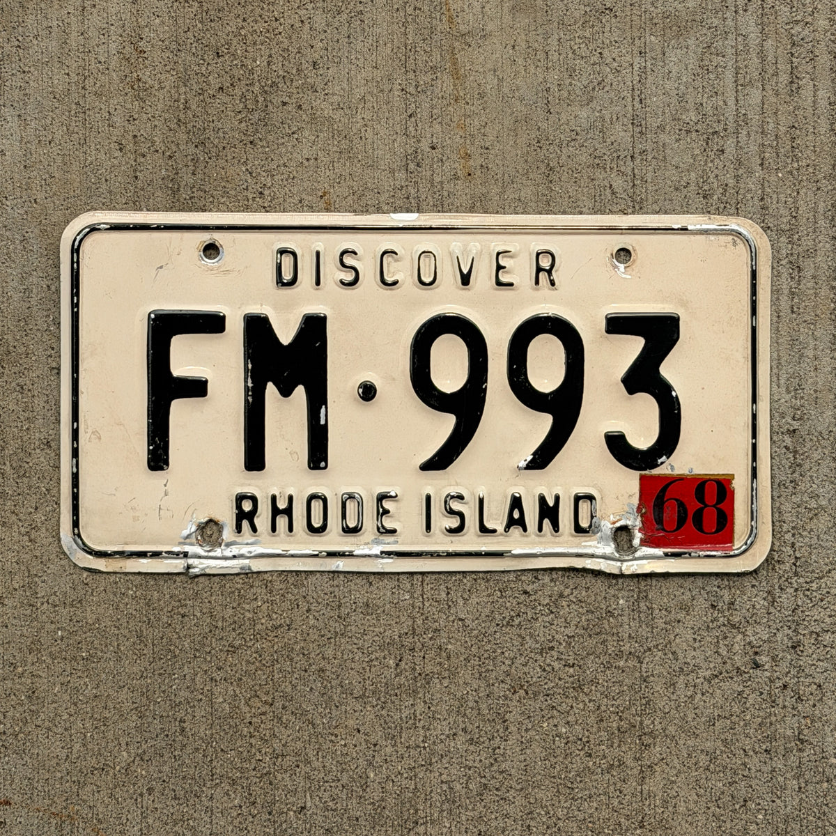 Photo of a 1967 1968 Rhode Island License Plate Auto Tag Garage Decor Vintage FM 993 with original patina