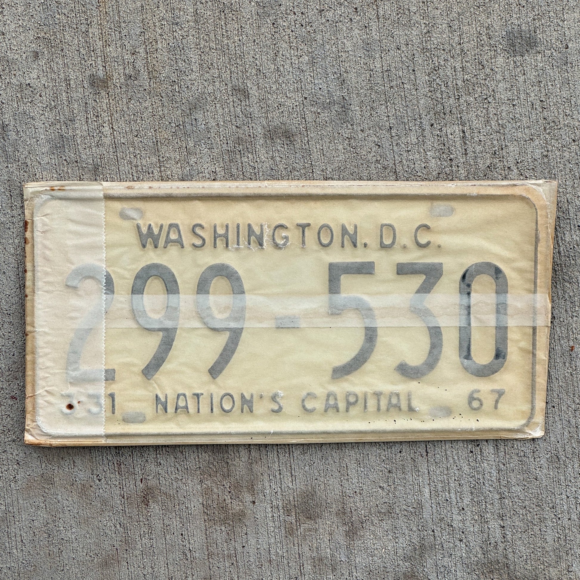 Photo of a 1967 1968 Washington DC License Plate Pair Auto Tag Garage Decor Vintage with Envelope 299 530 with original patina