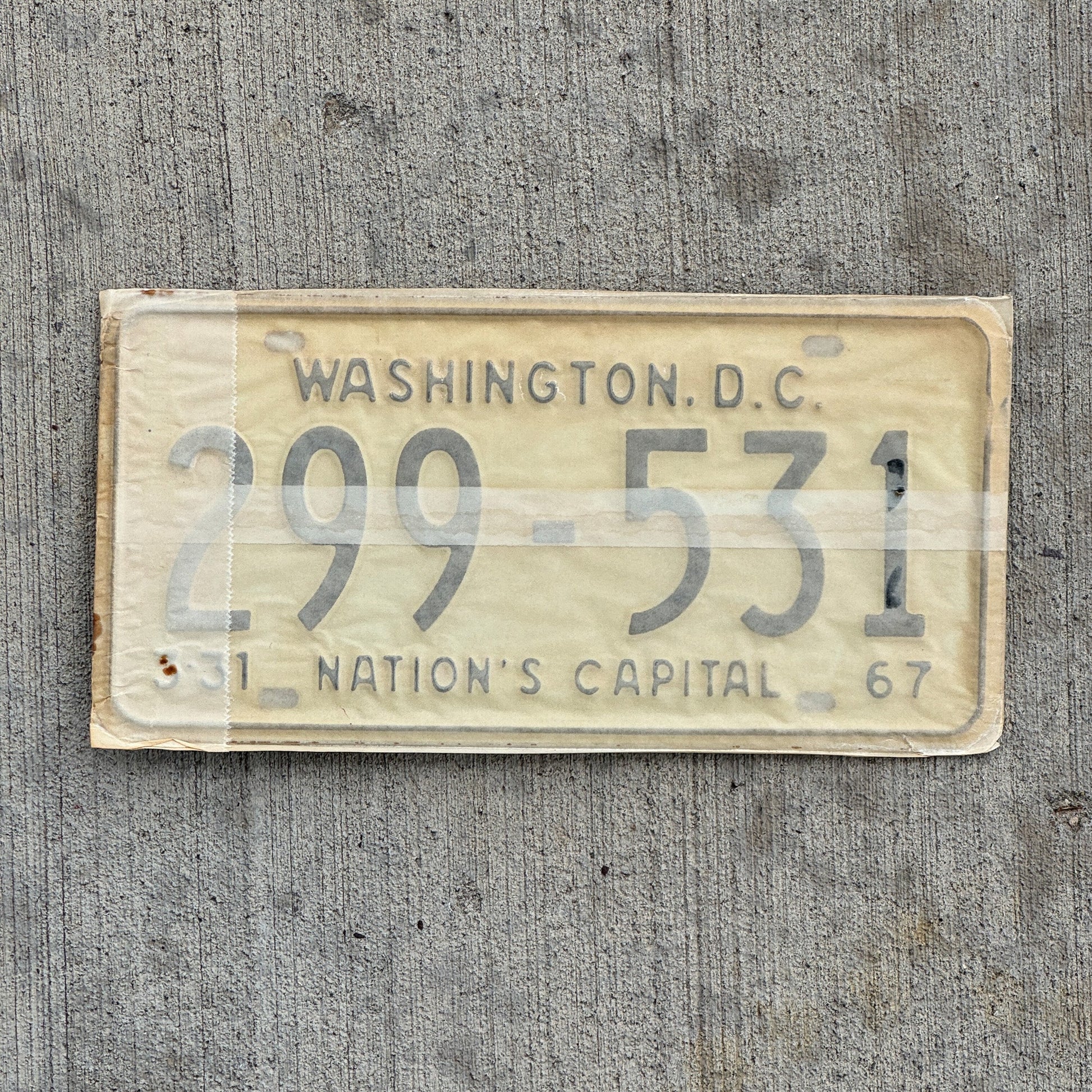 Photo of a 1967 1968 Washington DC License Plate Pair Auto Tag Garage Decor Vintage with Envelope 299 531 with original patina