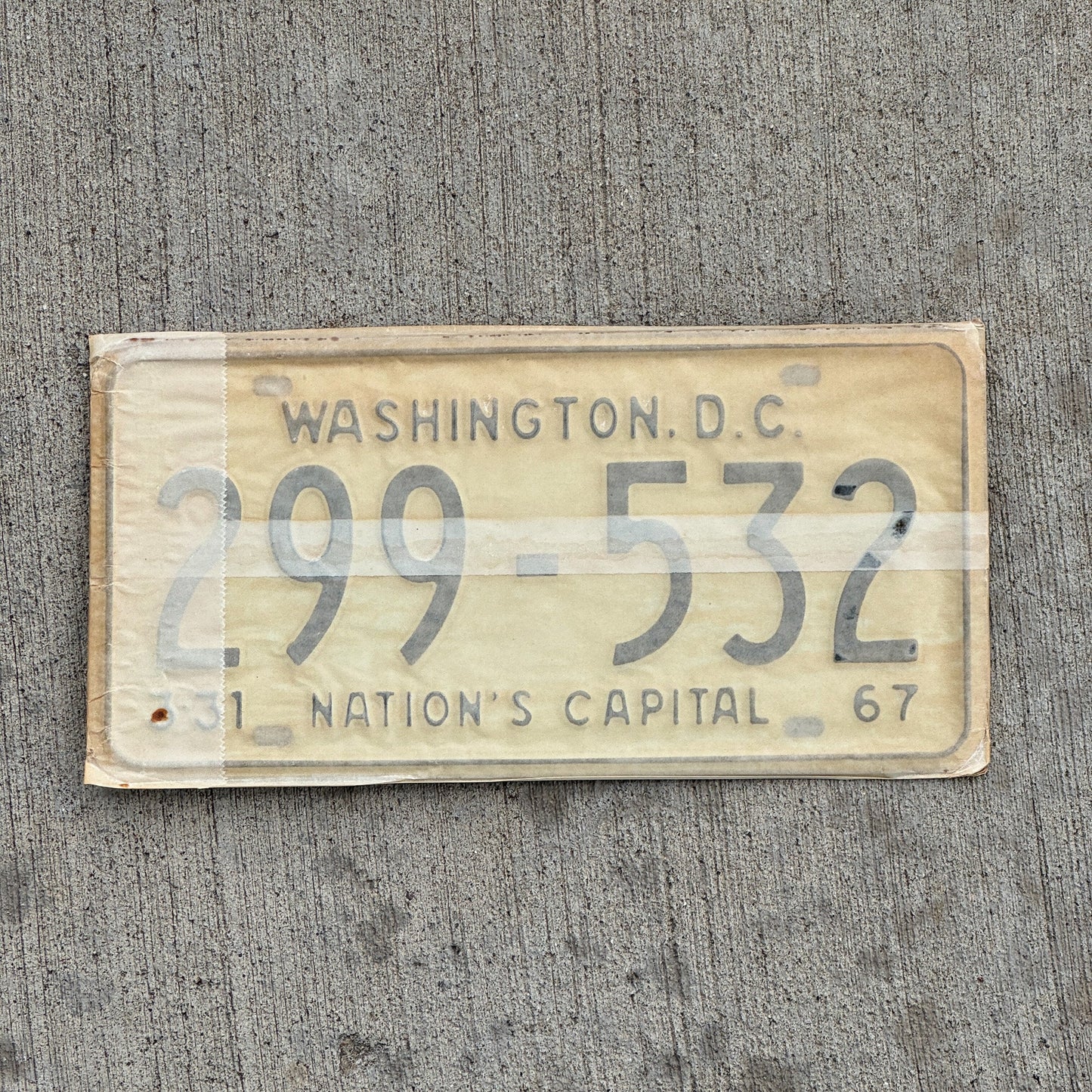 Photo of a 1967 1968 Washington DC License Plate Pair Auto Tag Garage Decor Vintage with Envelope 299 532 with original patina
