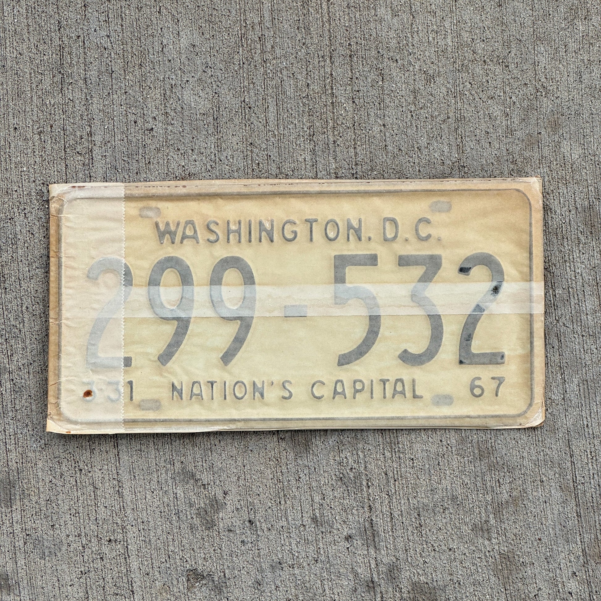 Photo of a 1967 1968 Washington DC License Plate Pair Auto Tag Garage Decor Vintage with Envelope 299 532 with original patina