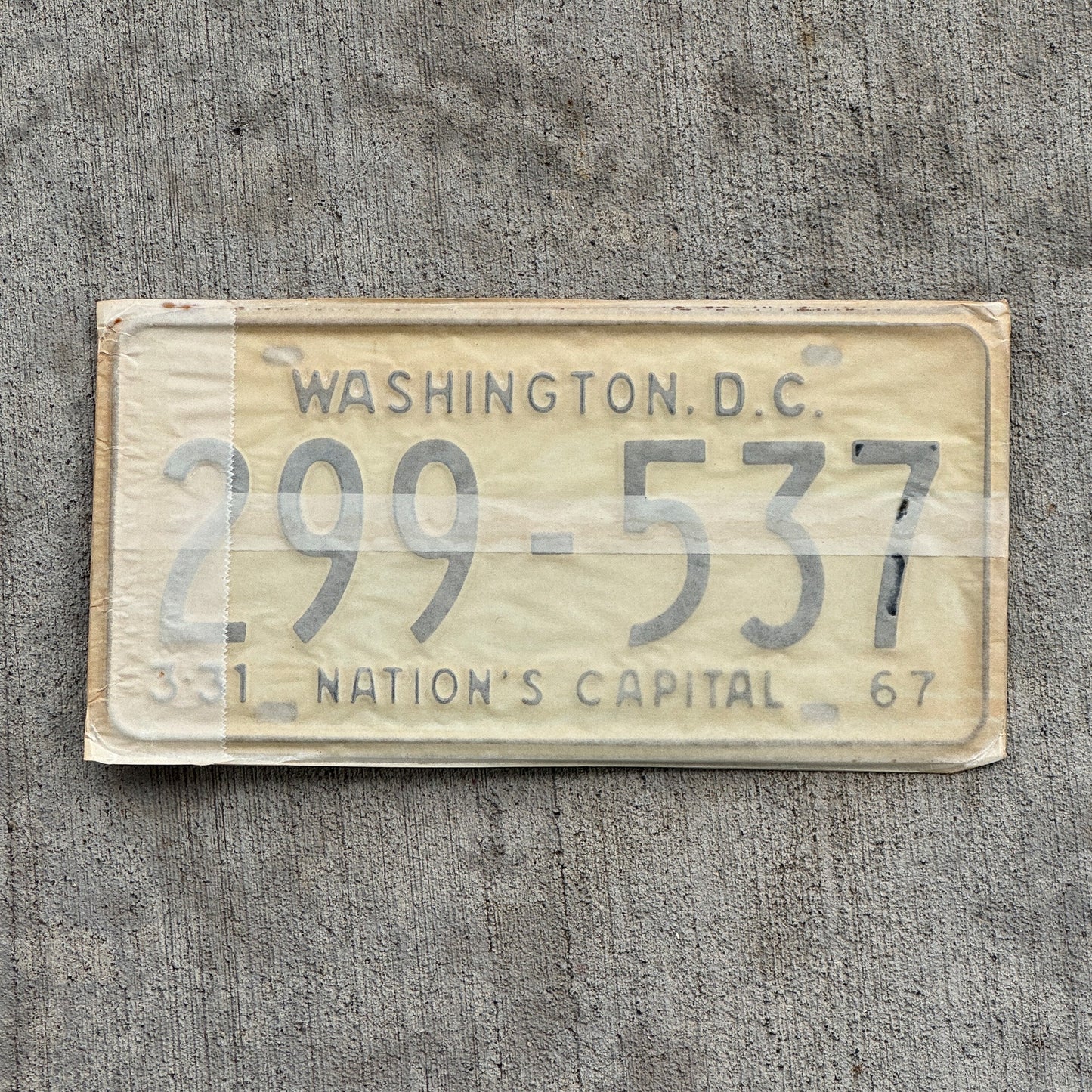 Photo of a 1967 1968 Washington DC License Plate Pair Auto Tag Garage Decor Vintage with Envelope 299 537 with original patina