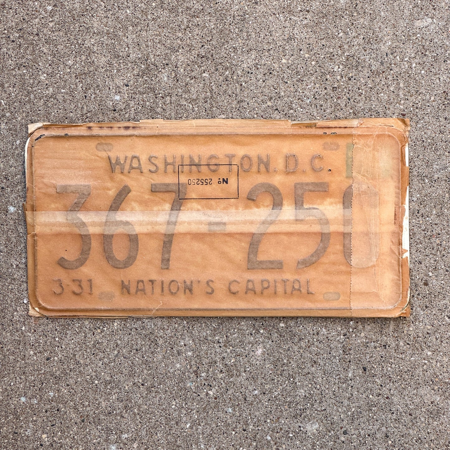 Photo of a 1967 1968 Washington DC License Plate Pair Auto Tag Garage Decor Vintage with Envelope 367 250 with original patina
