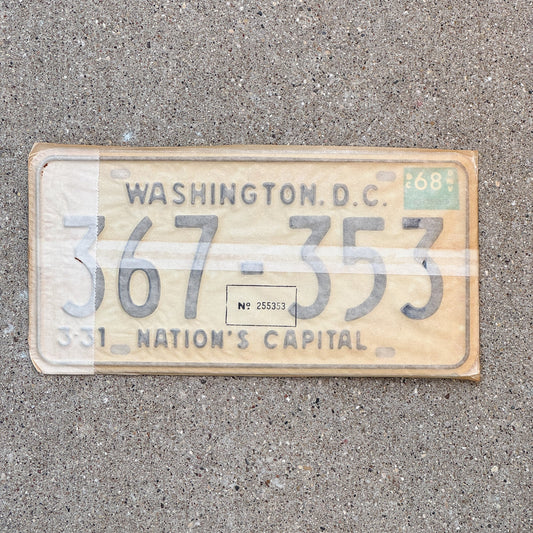 Photo of a 1967 1968 Washington DC License Plate Pair Auto Tag Garage Decor Vintage with Envelope 367 353 with original patina