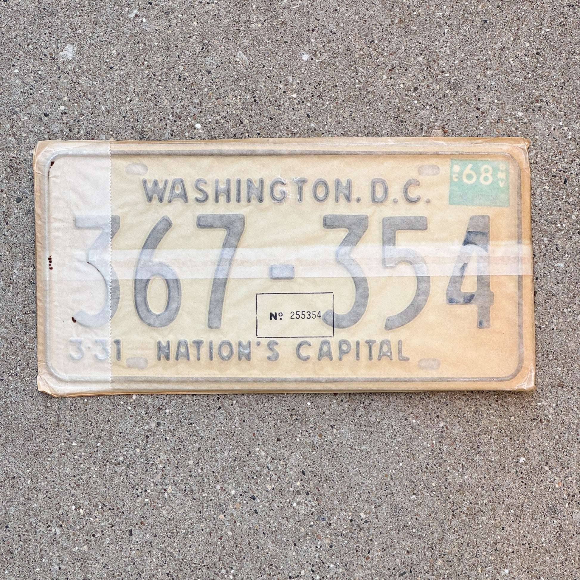 Photo of a 1967 1968 Washington DC License Plate Pair Auto Tag Garage Decor Vintage with Envelope 367 354 with original patina