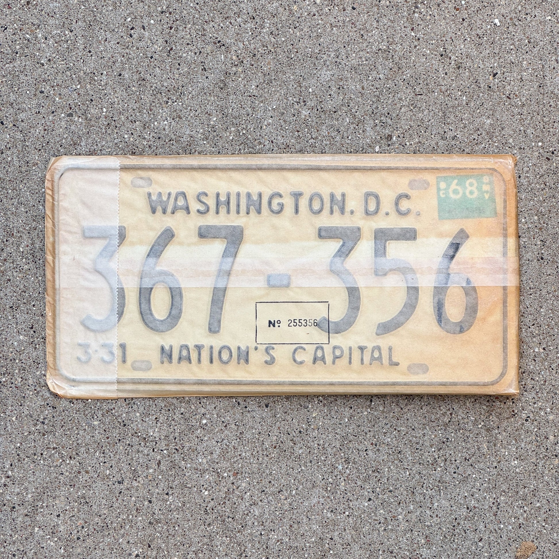 Photo of a 1967 1968 Washington DC License Plate Pair Auto Tag Garage Decor Vintage with Envelope 367 356 with original patina