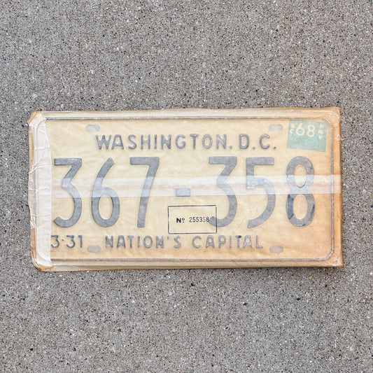 Photo of a 1967 1968 Washington DC License Plate Pair Auto Tag Garage Decor Vintage with Envelope 367 358 with original patina