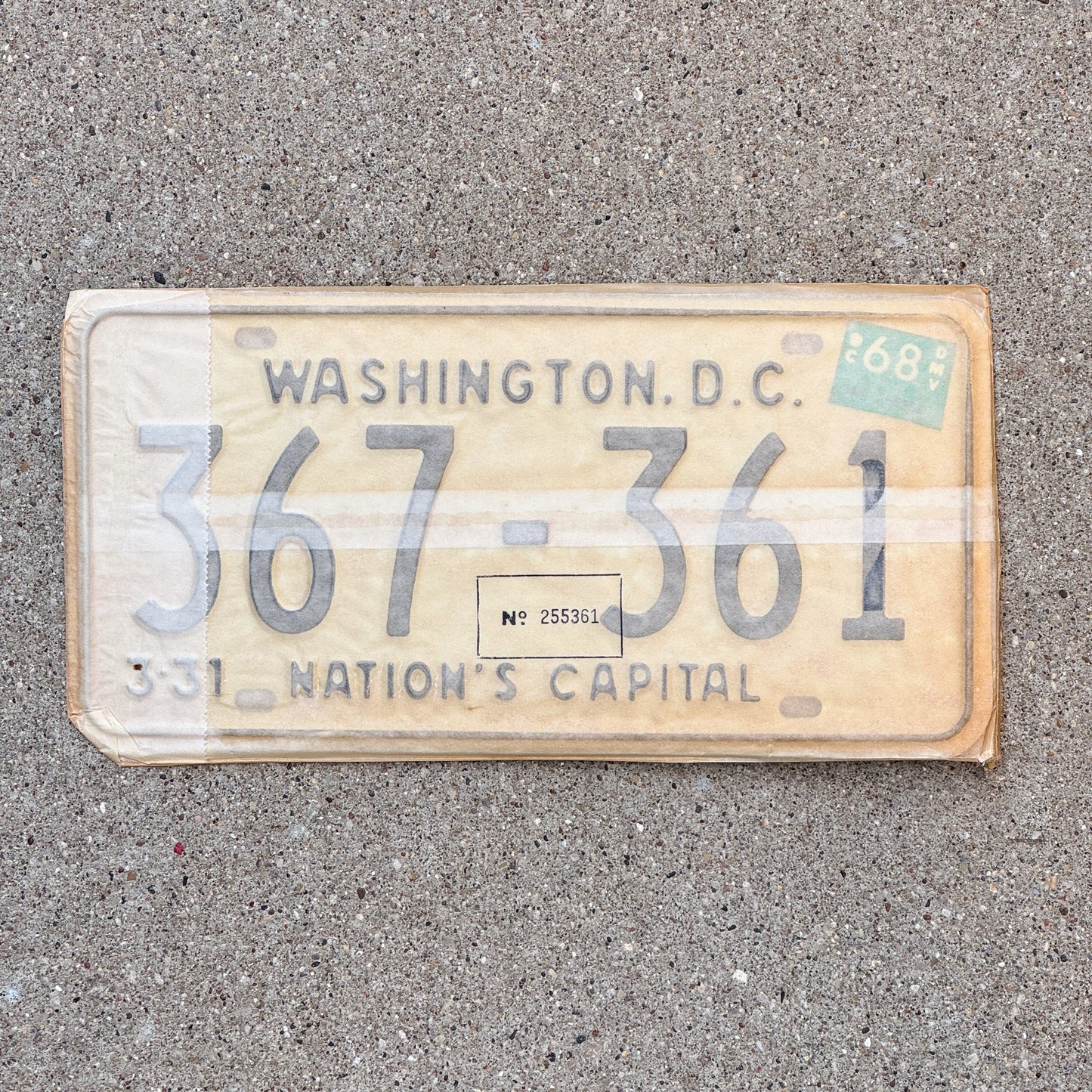 Photo of a 1967 1968 Washington DC License Plate Pair Auto Tag Garage Decor Vintage with Envelope 367 361 with original patina