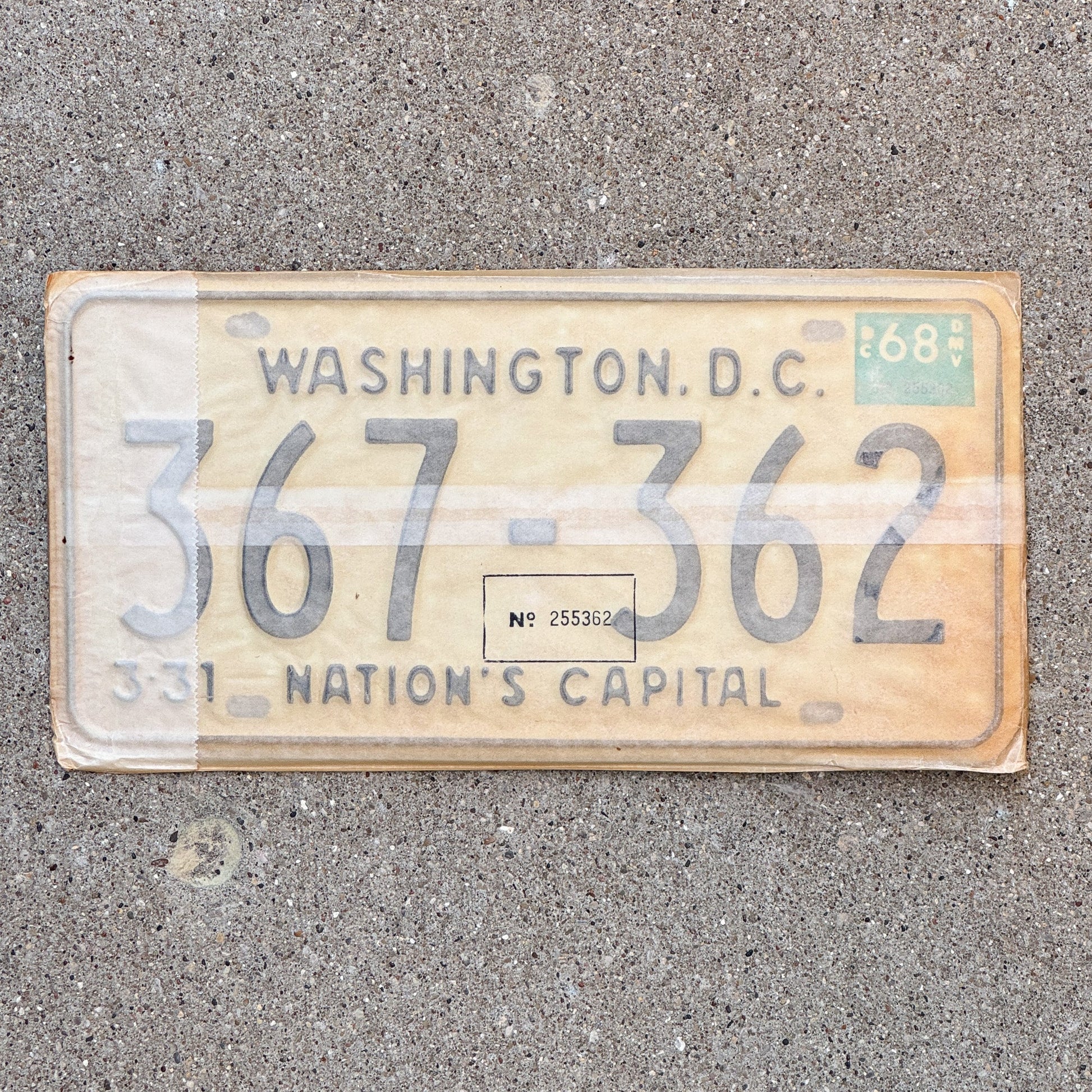 Photo of a 1967 1968 Washington DC License Plate Pair Auto Tag Garage Decor Vintage with Envelope 367 362 with original patina