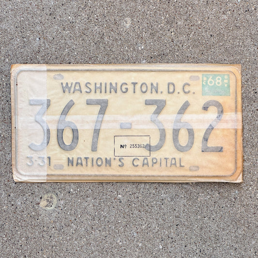 Photo of a 1967 1968 Washington DC License Plate Pair Auto Tag Garage Decor Vintage with Envelope 367 362 with original patina