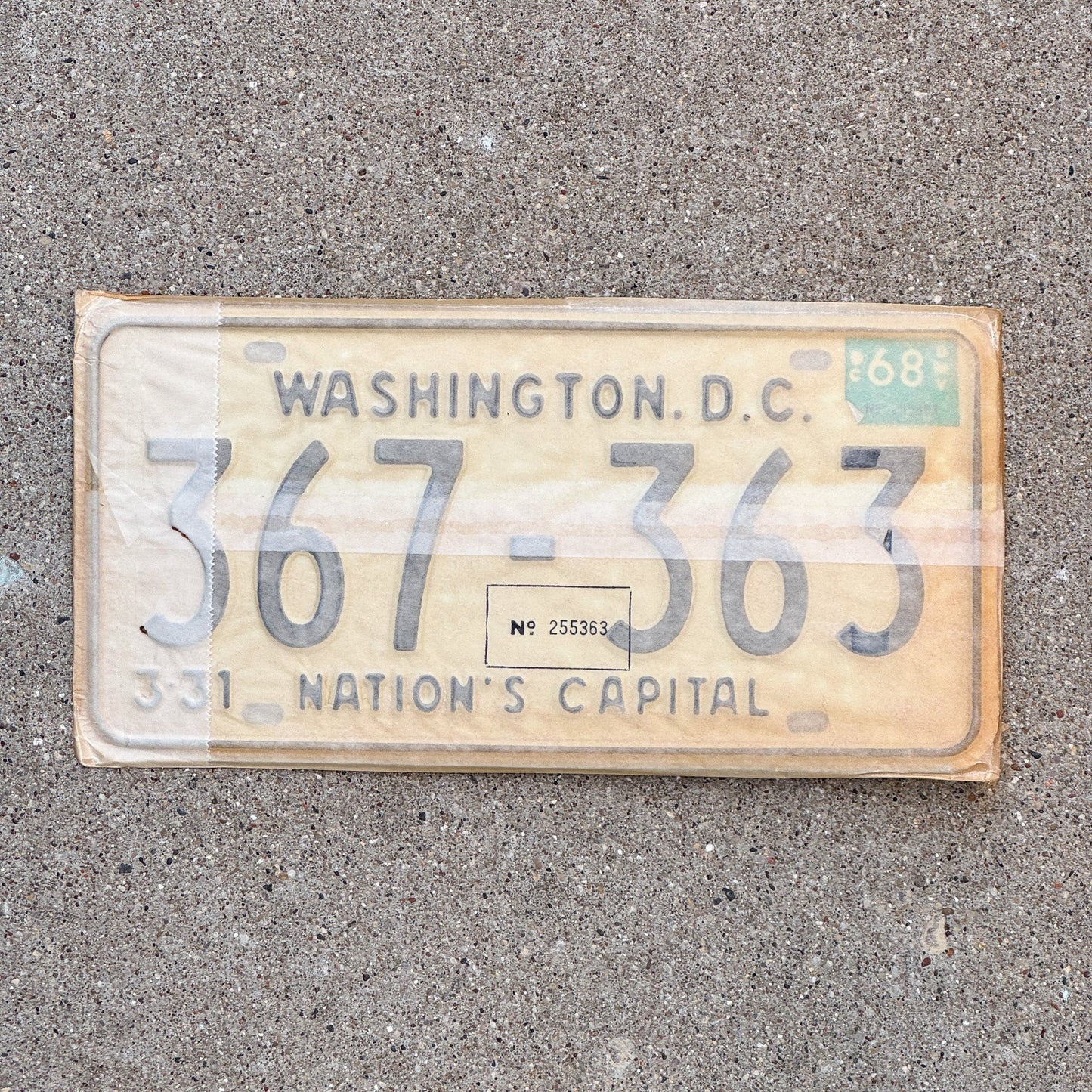 Photo of a 1967 1968 Washington DC License Plate Pair Auto Tag Garage Decor Vintage with Envelope 367 363 with original patina