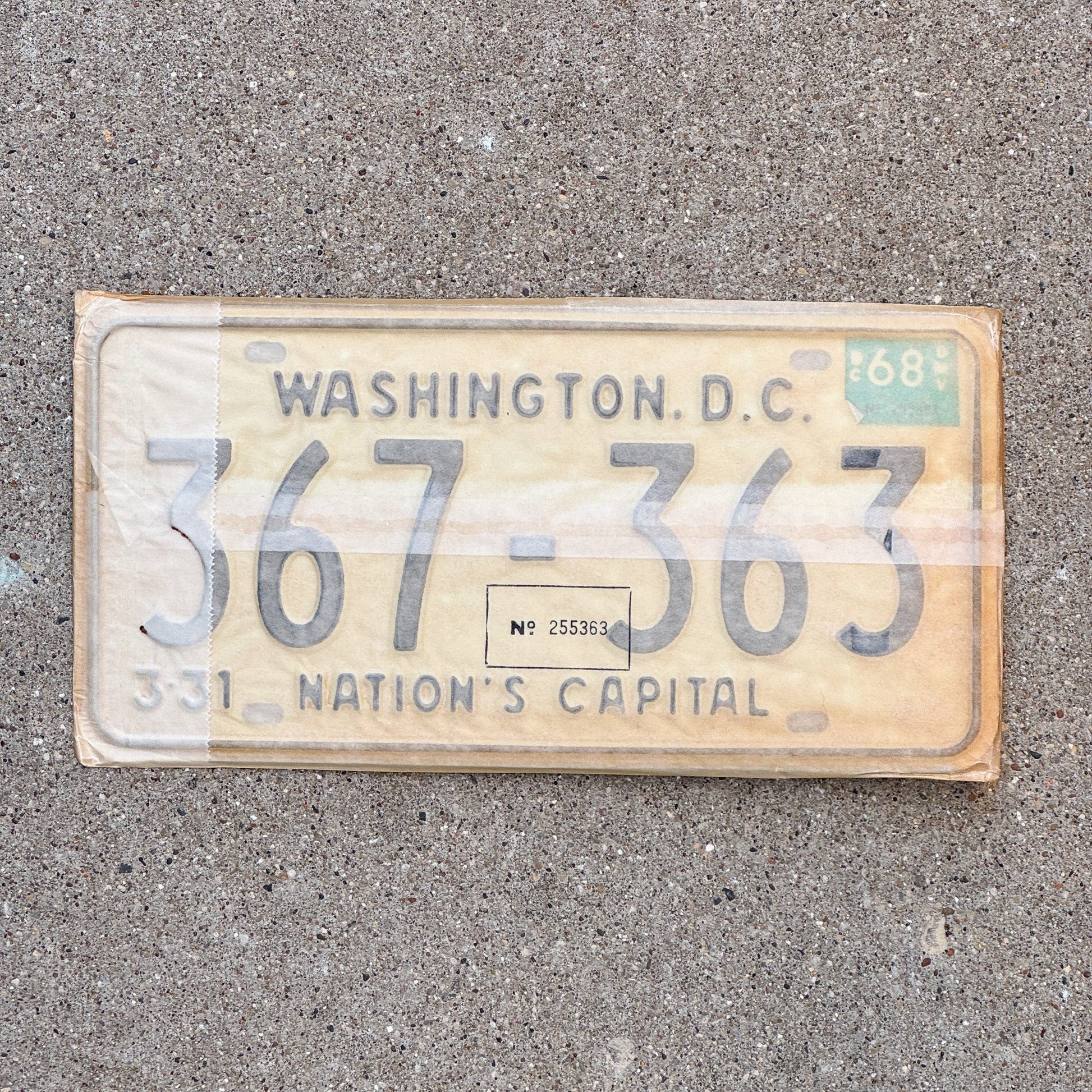 Photo of a 1967 1968 Washington DC License Plate Pair Auto Tag Garage Decor Vintage with Envelope 367 363 with original patina