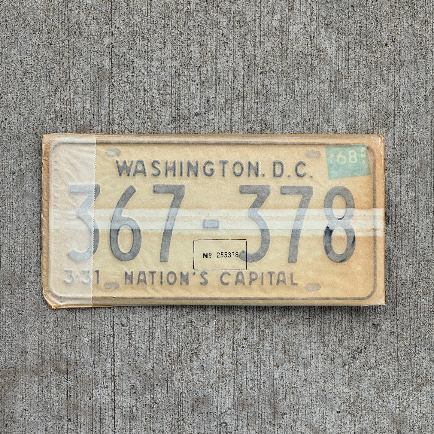 Photo of a 1967 1968 Washington DC License Plate Pair Auto Tag Garage Decor Vintage with Envelope 367 378 with original patina