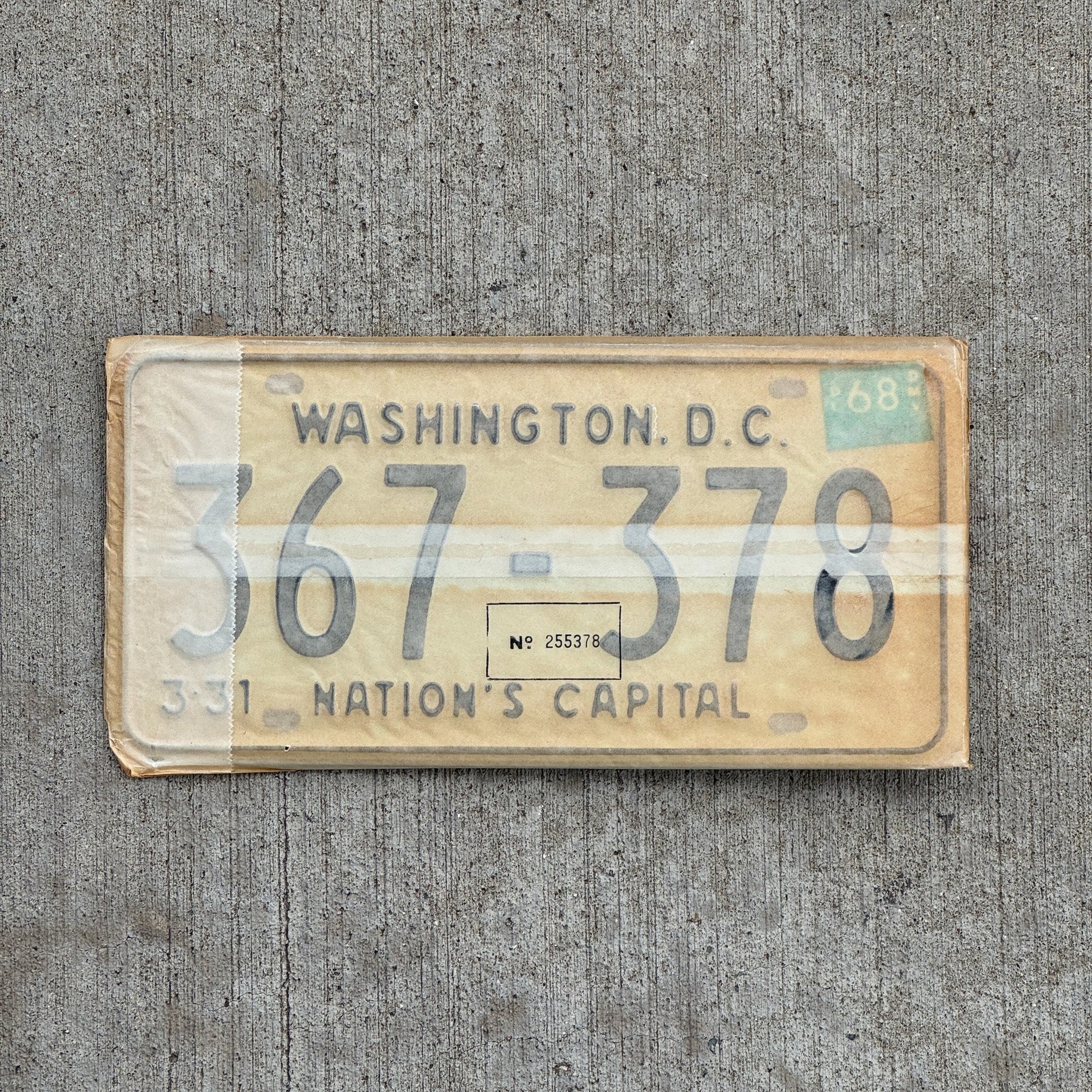 Photo of a 1967 1968 Washington DC License Plate Pair Auto Tag Garage Decor Vintage with Envelope 367 378 with original patina