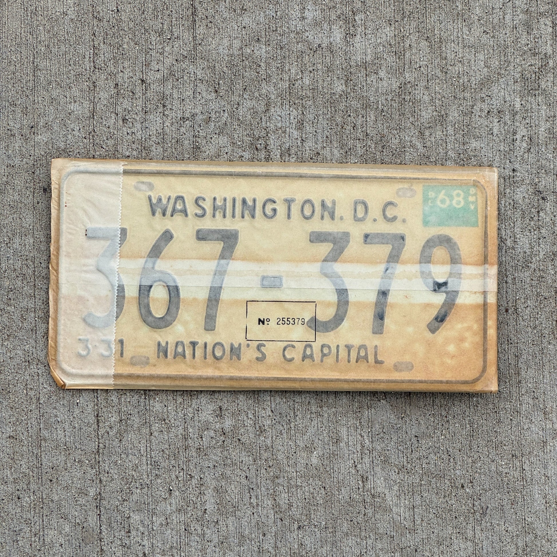 Photo of a 1967 1968 Washington DC License Plate Pair Auto Tag Garage Decor Vintage with Envelope 367 379 with original patina