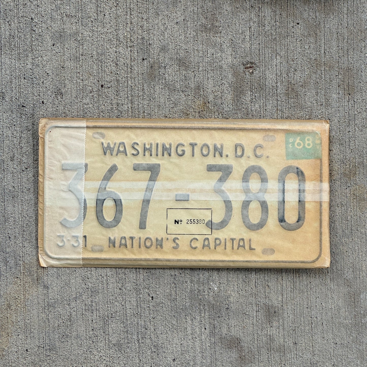 Photo of a 1967 1968 Washington DC License Plate Pair Auto Tag Garage Decor Vintage with Envelope 367 380 with original patina