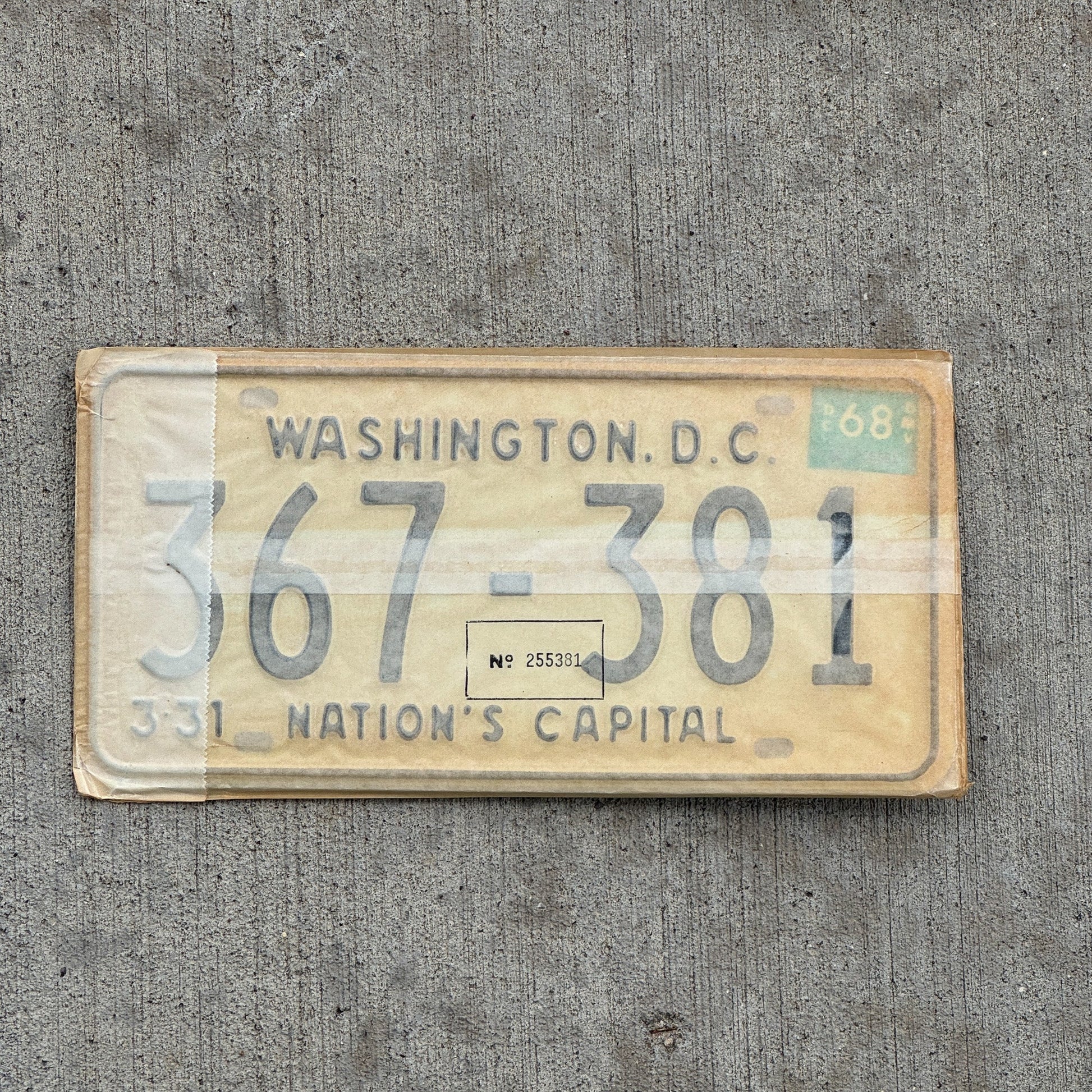 Photo of a 1967 1968 Washington DC License Plate Pair Auto Tag Garage Decor Vintage with Envelope 367 381 with original patina