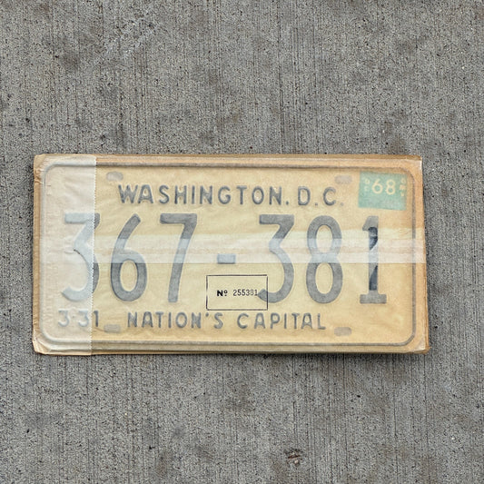 Photo of a 1967 1968 Washington DC License Plate Pair Auto Tag Garage Decor Vintage with Envelope 367 381 with original patina