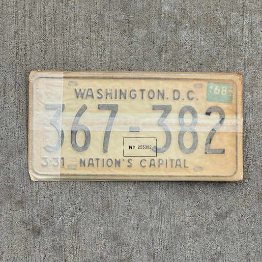 Photo of a 1967 1968 Washington DC License Plate Pair Auto Tag Garage Decor Vintage with Envelope 367 382 with original patina