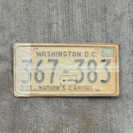 Photo of a 1967 1968 Washington DC License Plate Pair Auto Tag Garage Decor Vintage with Envelope 367 383 with original patina