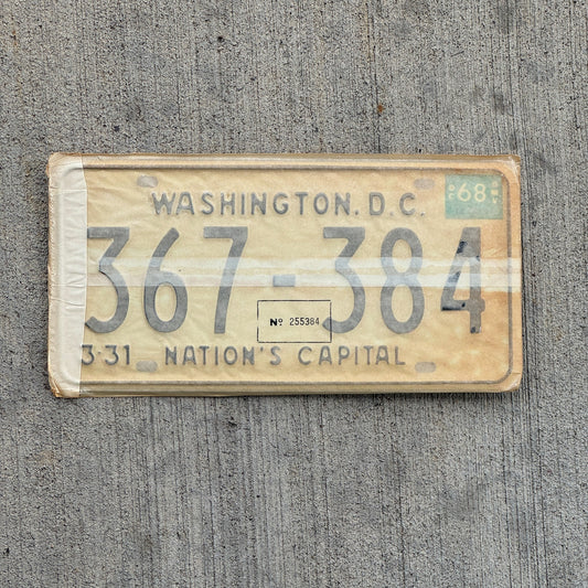 Photo of a 1967 1968 Washington DC License Plate Pair Auto Tag Garage Decor Vintage with Envelope 367 384 with original patina