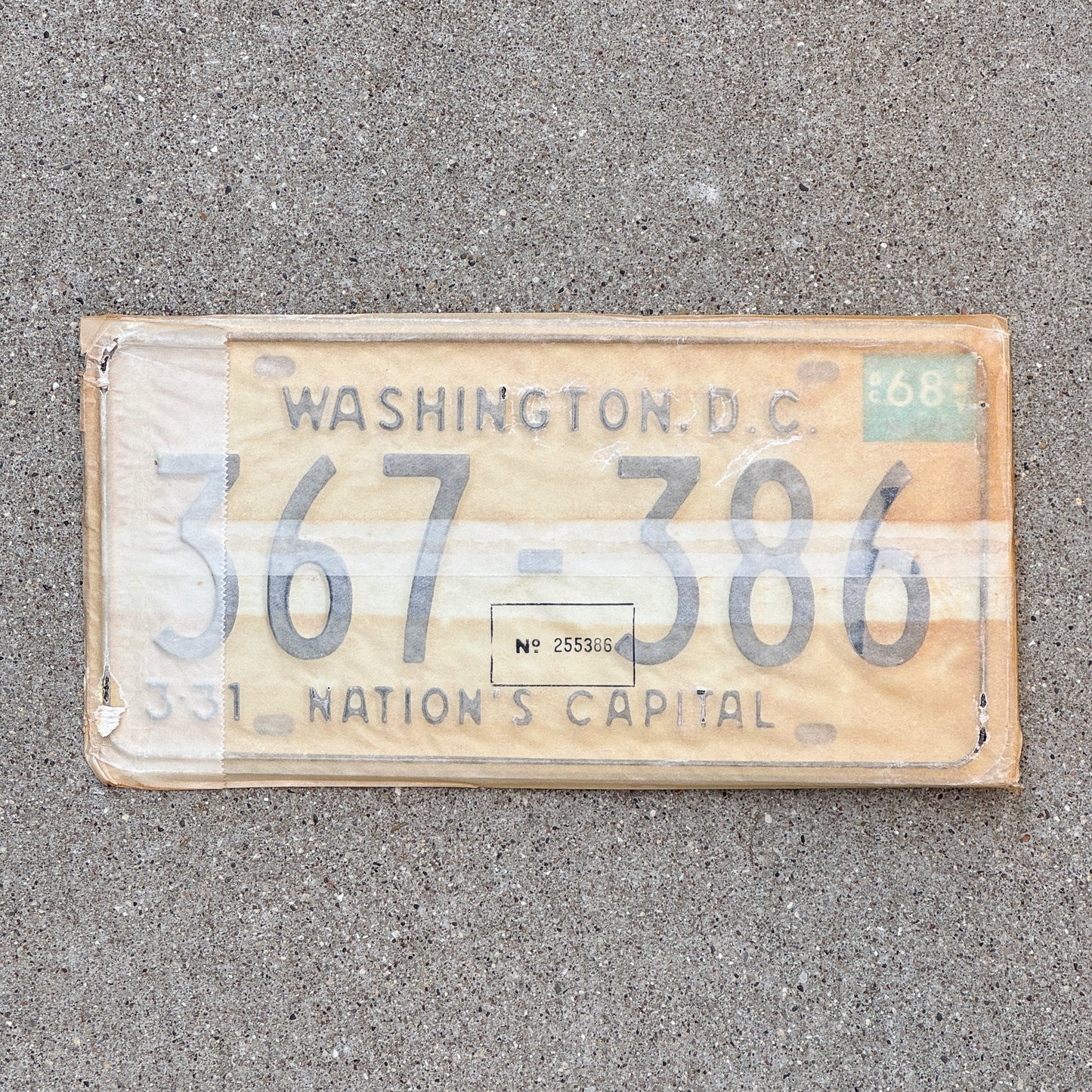 Photo of a 1967 1968 Washington DC License Plate Pair Auto Tag Garage Decor Vintage with Envelope 367 386 with original patina