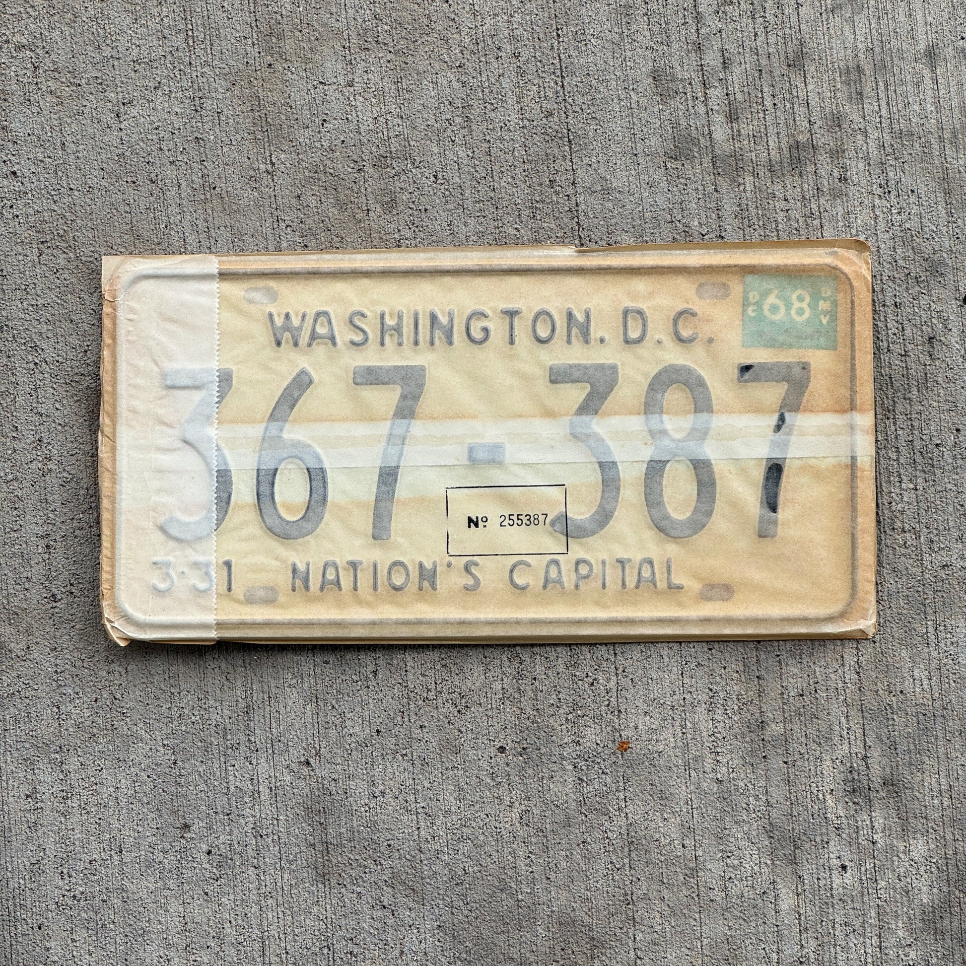 Photo of a 1967 1968 Washington DC License Plate Pair Auto Tag Garage Decor Vintage with Envelope 367 387 with original patina