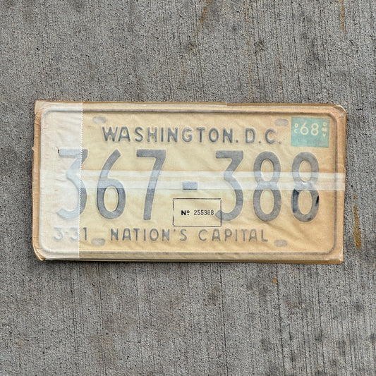 Photo of a 1967 1968 Washington DC License Plate Pair Auto Tag Garage Decor Vintage with Envelope 367 388 with original patina