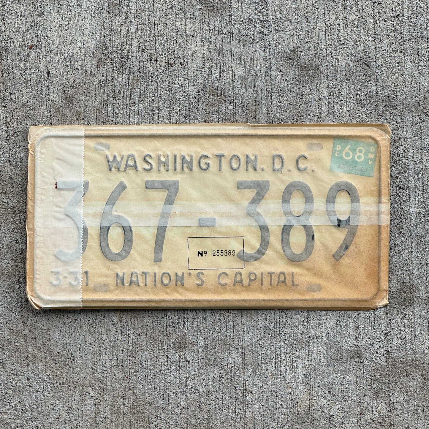 Photo of a 1967 1968 Washington DC License Plate Pair Auto Tag Garage Decor Vintage with Envelope 367 389 with original patina