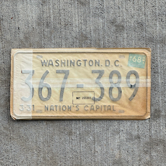 Photo of a 1967 1968 Washington DC License Plate Pair Auto Tag Garage Decor Vintage with Envelope 367 389 with original patina