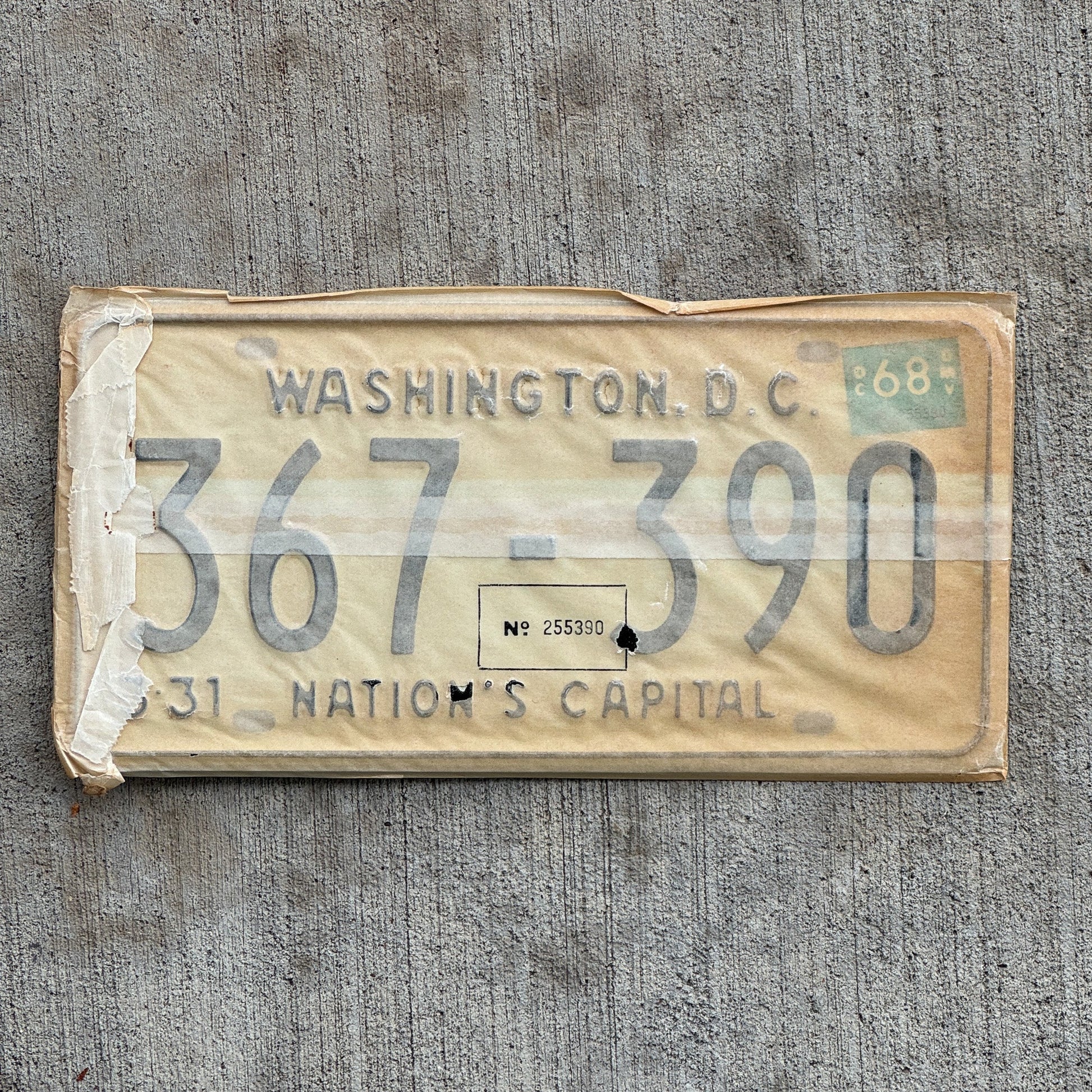 Photo of a 1967 1968 Washington DC License Plate Pair Auto Tag Garage Decor Vintage with Envelope 367 390 with original patina