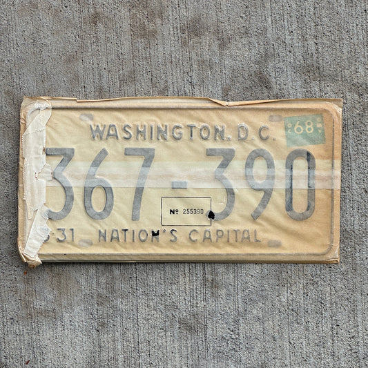 Photo of a 1967 1968 Washington DC License Plate Pair Auto Tag Garage Decor Vintage with Envelope 367 390 with original patina