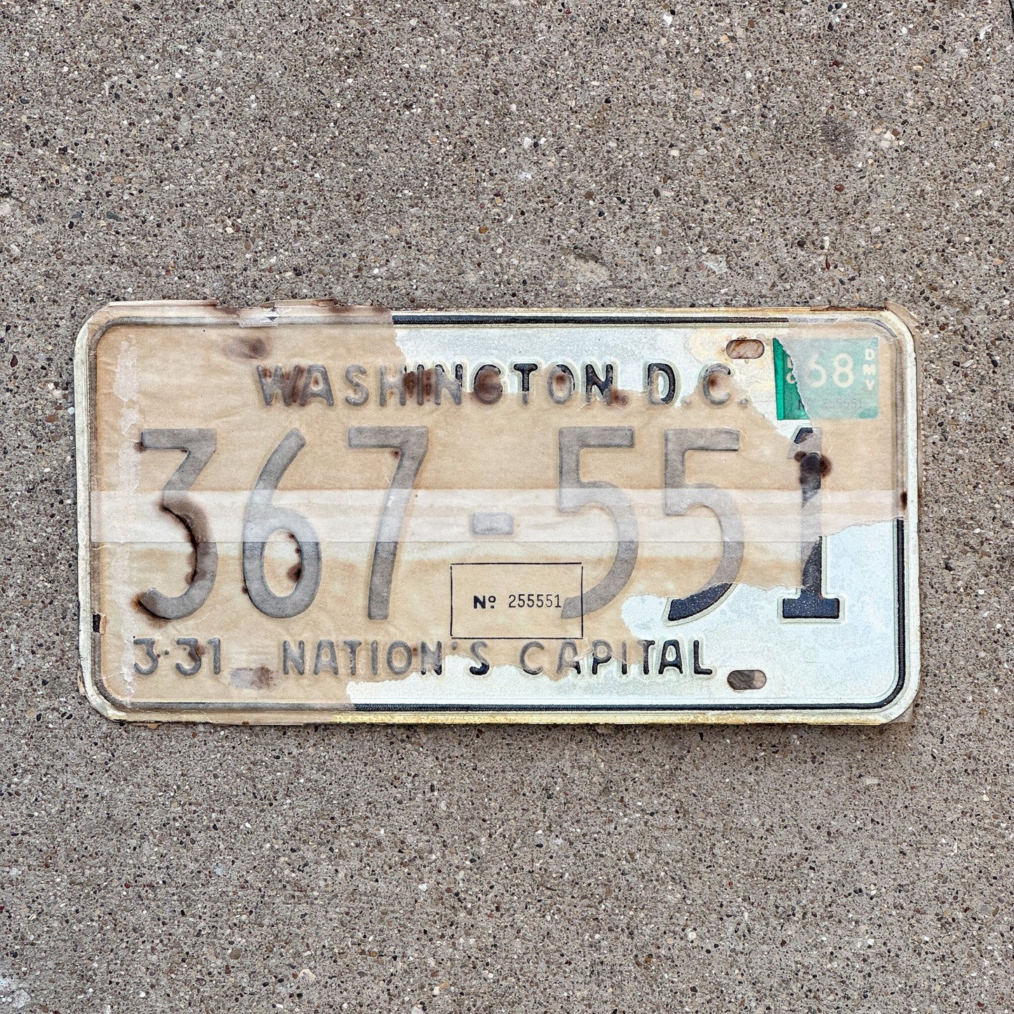 Photo of a 1967 1968 Washington DC License Plate Pair Auto Tag Garage Decor Vintage with Envelope 367 551 with original patina