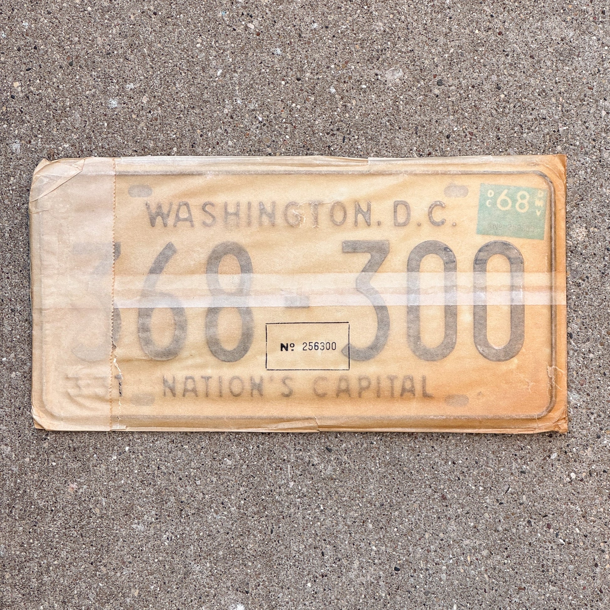 Photo of a 1967 1968 Washington DC License Plate Pair Auto Tag Garage Decor Vintage with Envelope 368 300 with original patina
