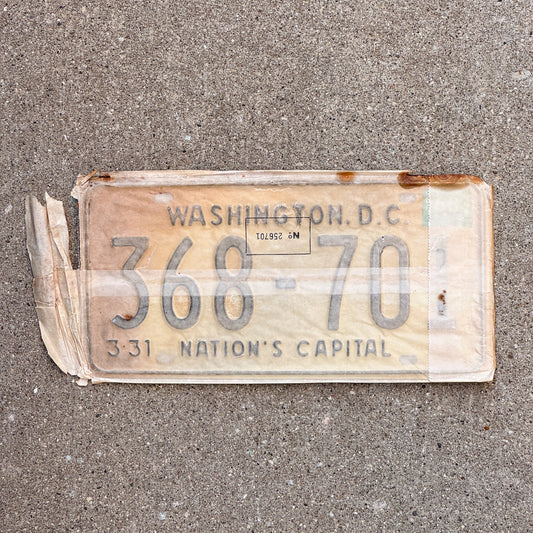 Photo of a 1967 1968 Washington DC License Plate Pair Auto Tag Garage Decor Vintage with Envelope 368 701 with original patina