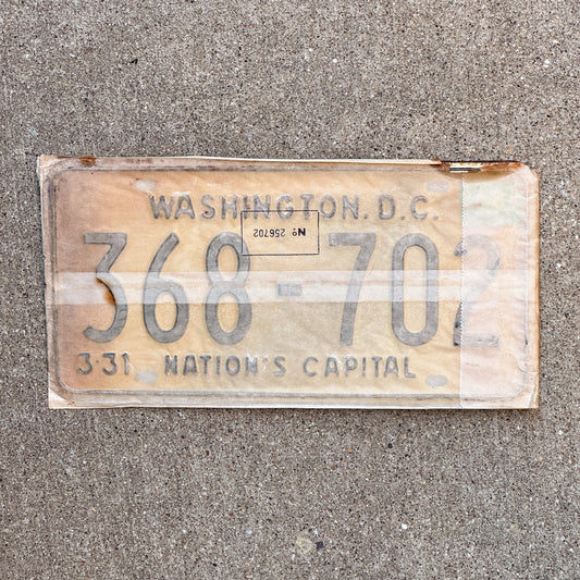 Photo of a 1967 1968 Washington DC License Plate Pair Auto Tag Garage Decor Vintage with Envelope 368 702 with original patina