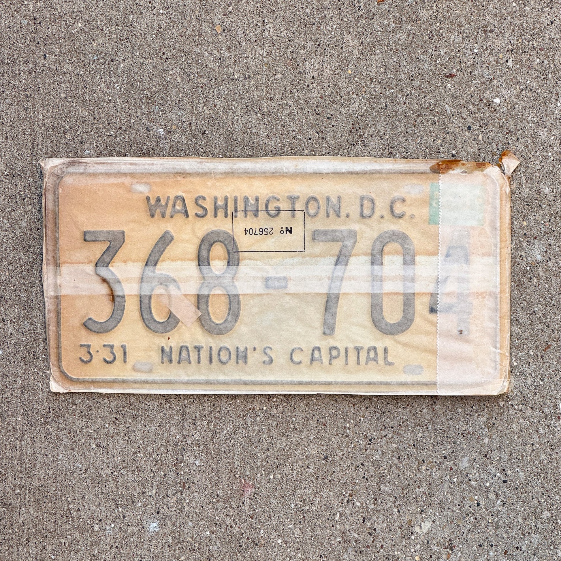 Photo of a 1967 1968 Washington DC License Plate Pair Auto Tag Garage Decor Vintage with Envelope 368 704 with original patina