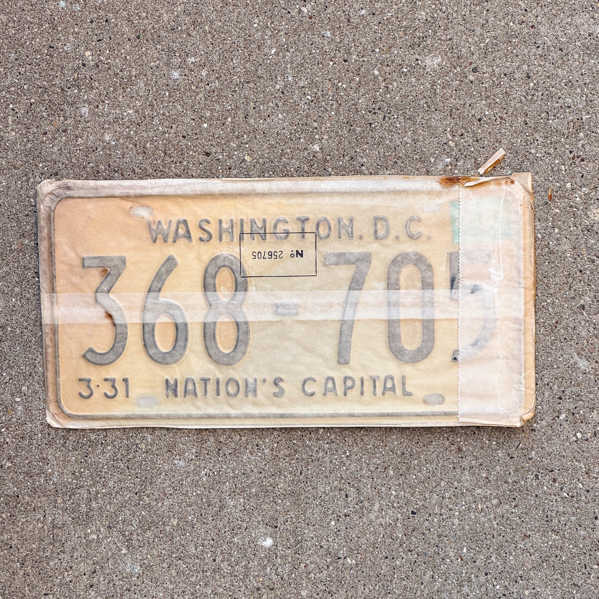 Photo of a 1967 1968 Washington DC License Plate Pair Auto Tag Garage Decor Vintage with Envelope 368 705 with original patina