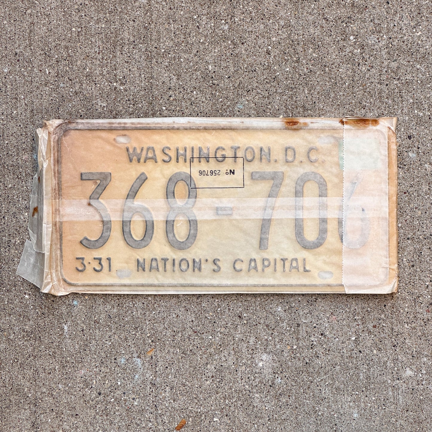 Photo of a 1967 1968 Washington DC License Plate Pair Auto Tag Garage Decor Vintage with Envelope 368 706 with original patina