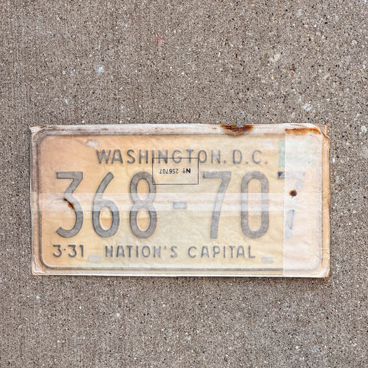 Photo of a 1967 1968 Washington DC License Plate Pair Auto Tag Garage Decor Vintage with Envelope 368 707 with original patina