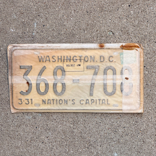 Photo of a 1967 1968 Washington DC License Plate Pair Auto Tag Garage Decor Vintage with Envelope 368 708 with original patina