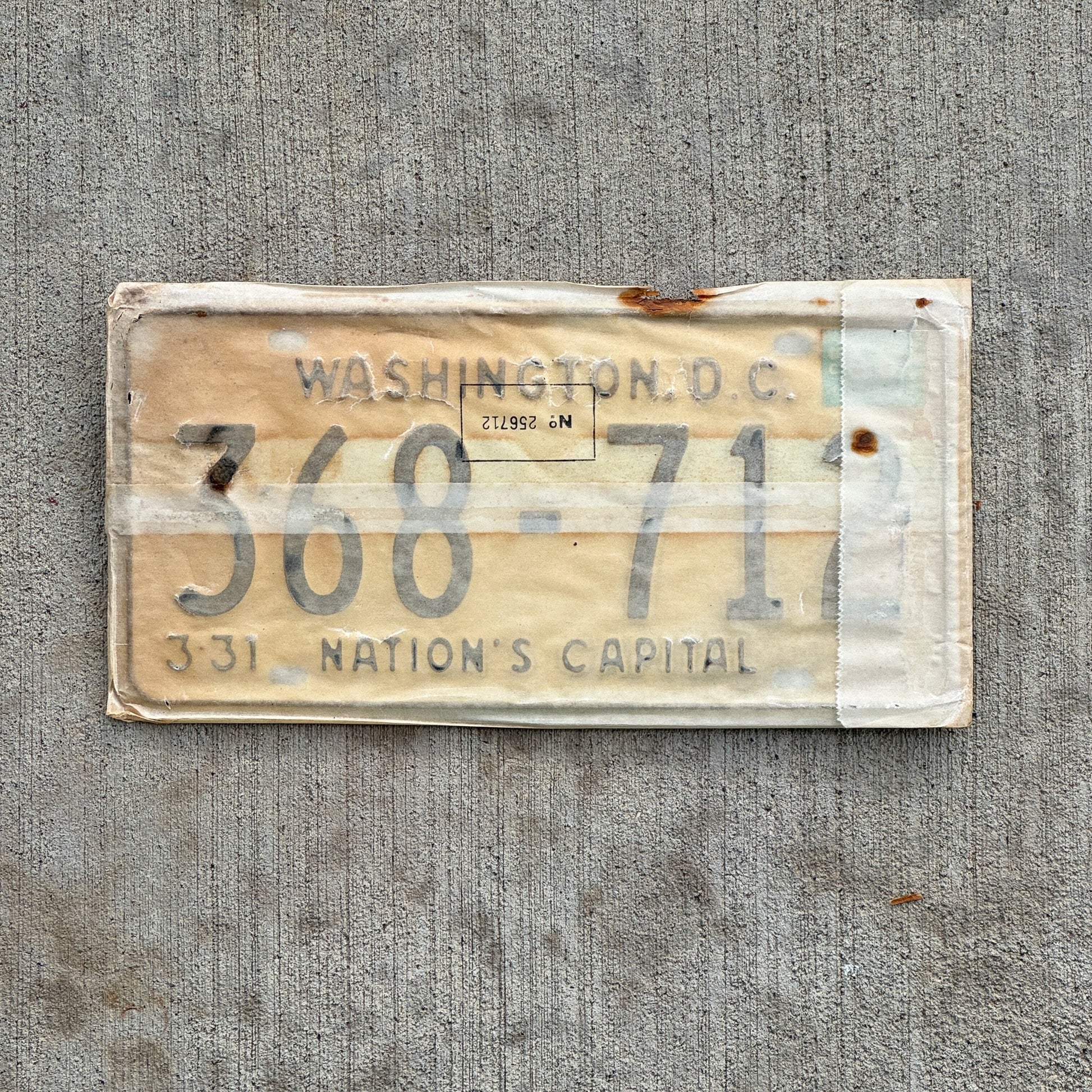 Photo of a 1967 1968 Washington DC License Plate Pair Auto Tag Garage Decor Vintage with Envelope 368 712 with original patina