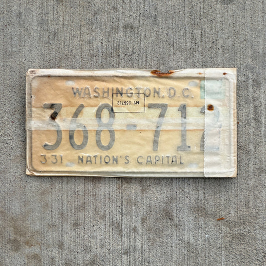 Photo of a 1967 1968 Washington DC License Plate Pair Auto Tag Garage Decor Vintage with Envelope 368 712 with original patina