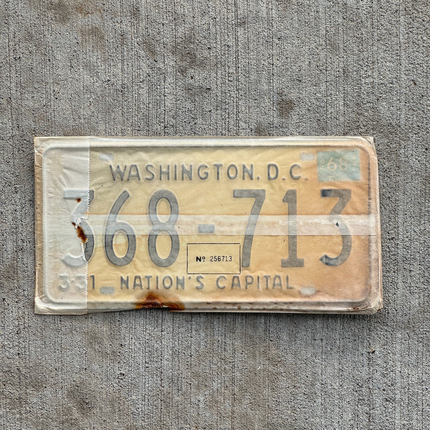 Photo of a 1967 1968 Washington DC License Plate Pair Auto Tag Garage Decor Vintage with Envelope 368 713 with original patina
