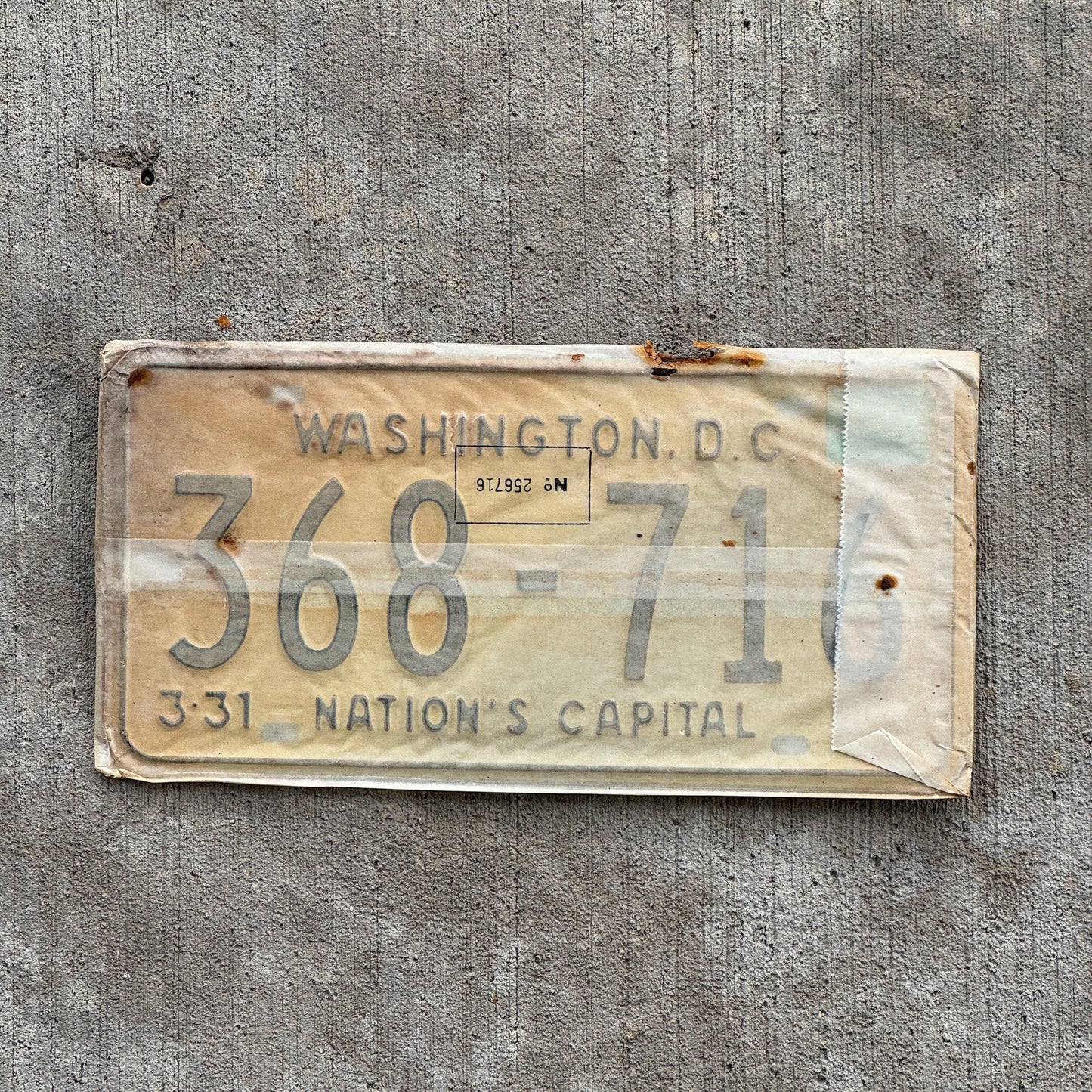 Photo of a 1967 1968 Washington DC License Plate Pair Auto Tag Garage Decor Vintage with Envelope 368 716 with original patina