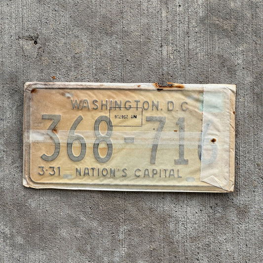Photo of a 1967 1968 Washington DC License Plate Pair Auto Tag Garage Decor Vintage with Envelope 368 716 with original patina