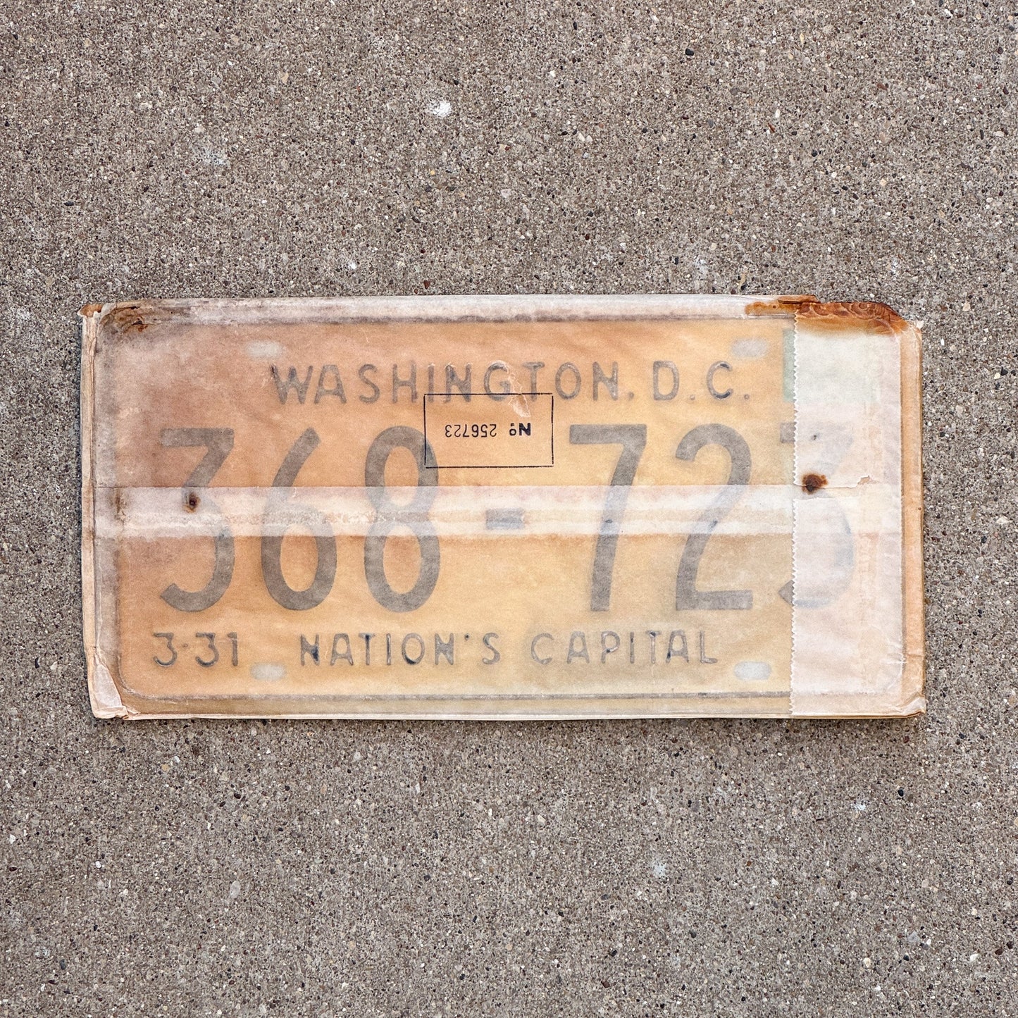 Photo of a 1967 1968 Washington DC License Plate Pair Auto Tag Garage Decor Vintage with Envelope 368 723 with original patina