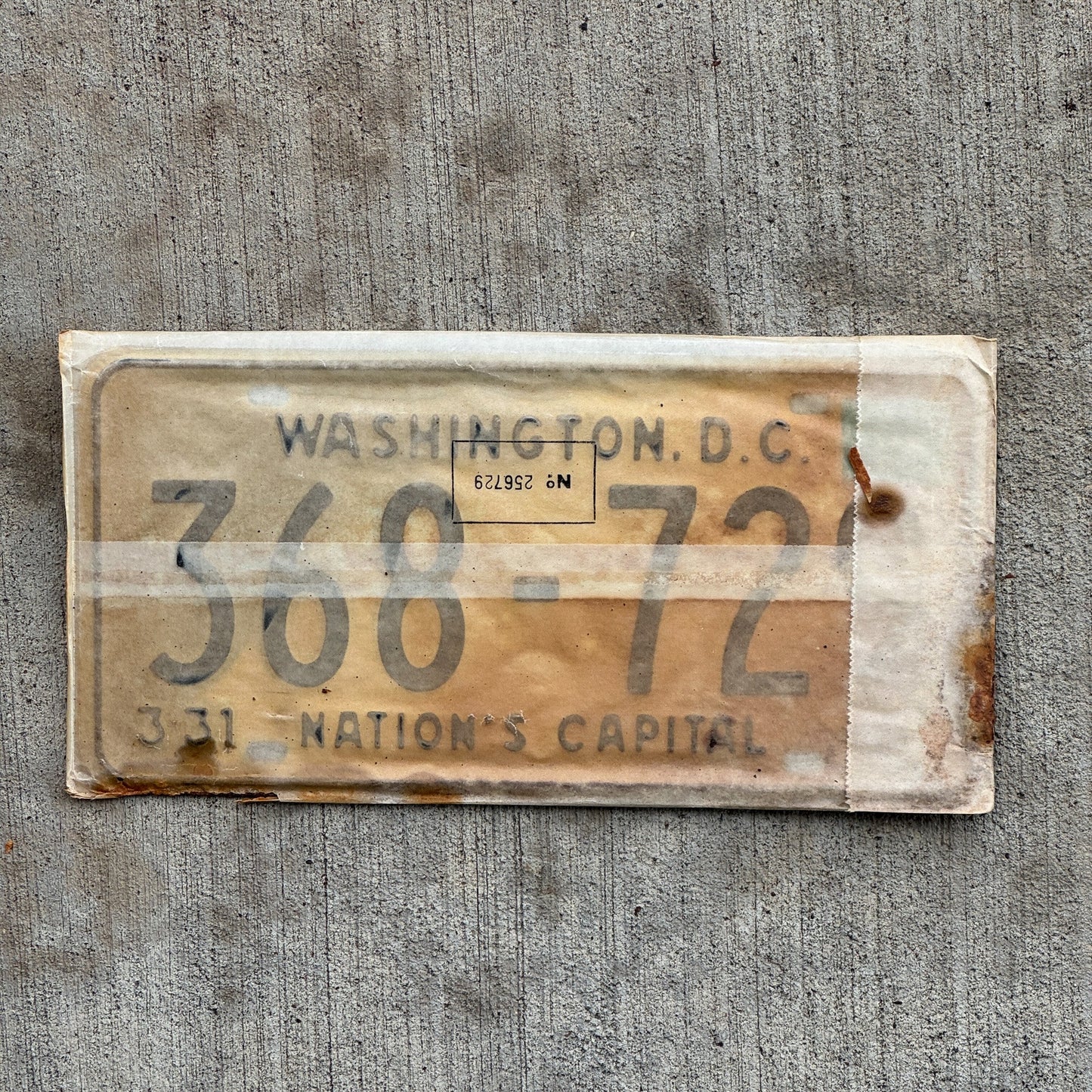 Photo of a 1967 1968 Washington DC License Plate Pair Auto Tag Garage Decor Vintage with Envelope 368 729 with original patina