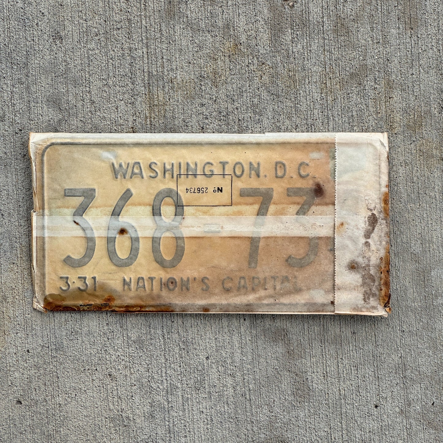 Photo of a 1967 1968 Washington DC License Plate Pair Auto Tag Garage Decor Vintage with Envelope 368 734 with original patina