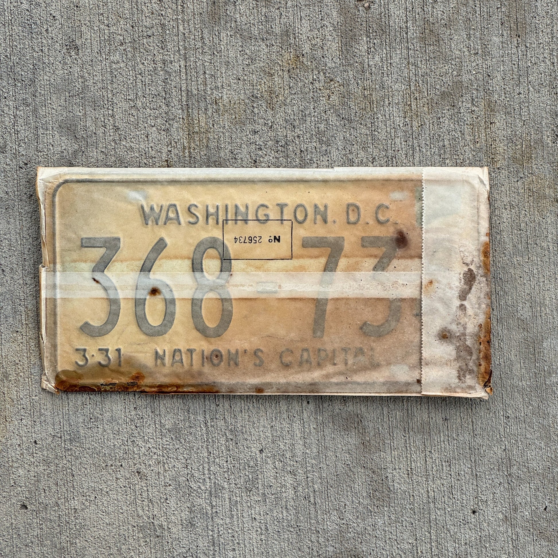 Photo of a 1967 1968 Washington DC License Plate Pair Auto Tag Garage Decor Vintage with Envelope 368 734 with original patina